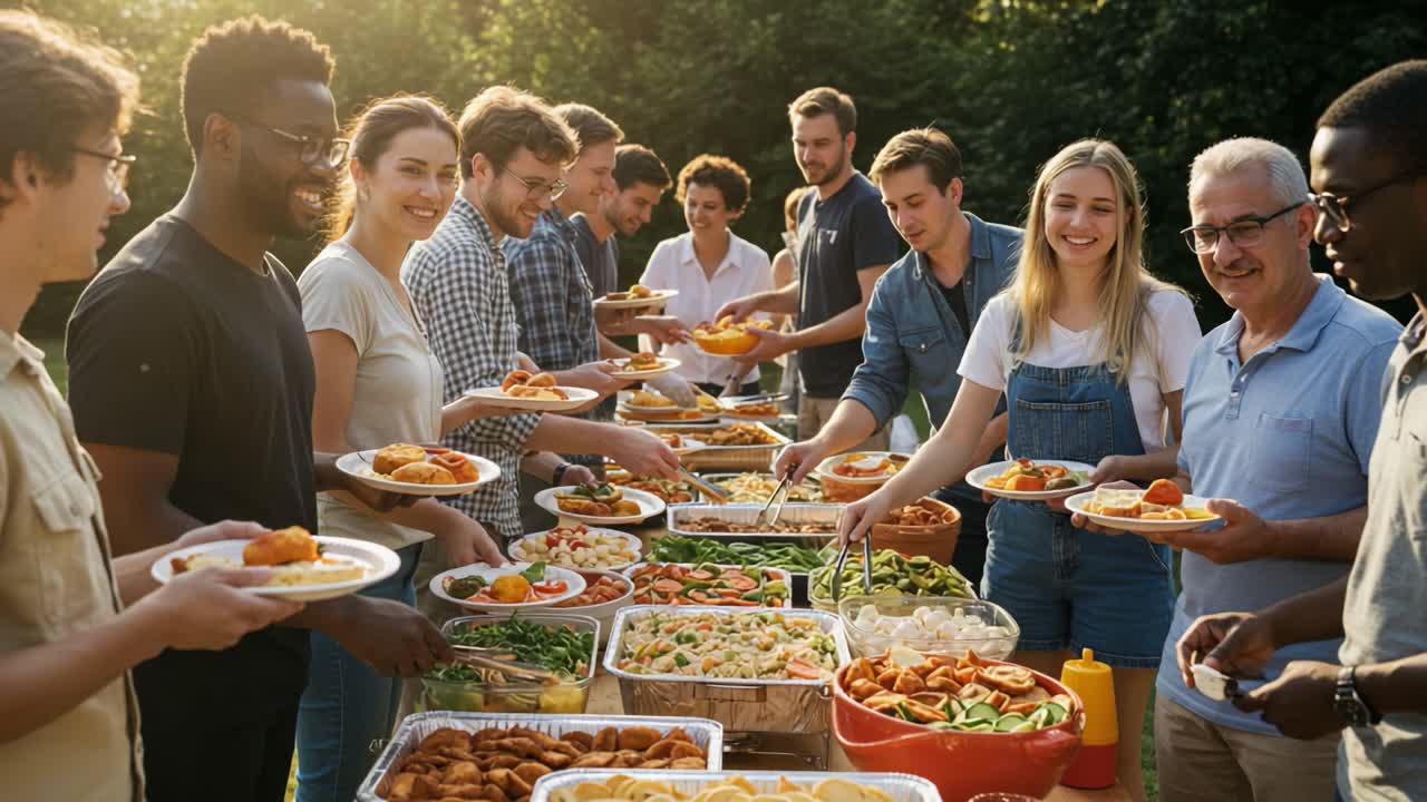 Diverse Group of People Enjoying an Outdoor Buffet at a Gathering