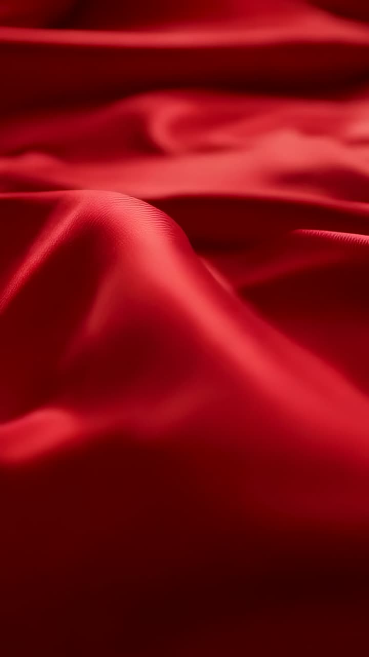 Video verticale: spostamento della camera che muove raso rosso, pieghe liscianti mentre mostra la trama e la lucentezza in studio
