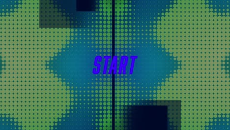 animación de texto de inicio de neón azul con patrón de manchas verdes en el videojuego