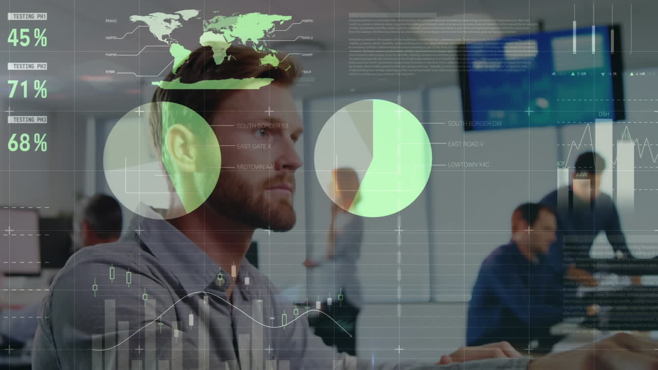 animación de procesamiento de datos estadísticos contra hombre caucásico hablando por teléfono en la oficina