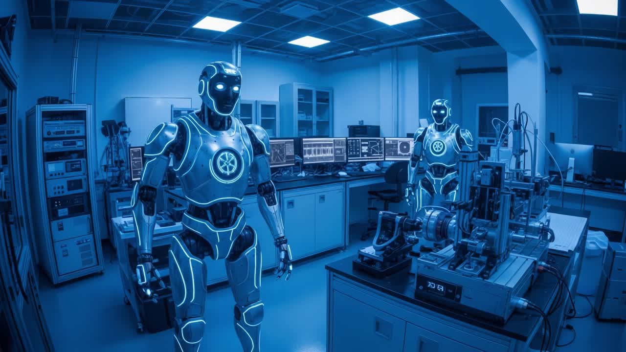 Futuristic Laboratory with Advanced Robots: Exploring Cutting-Edge Robotics Technology and AI Innovations in a High-Tech Research Environment