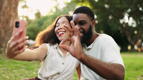 Divertido,-Selfie-Y-Pareja-Con-Teléfono-En-La-Naturaleza