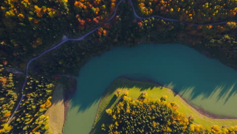 Top-down-aerial-view-following-emerald-Stausee-lake-flowing-between-alpine-woodland-Isar-valley