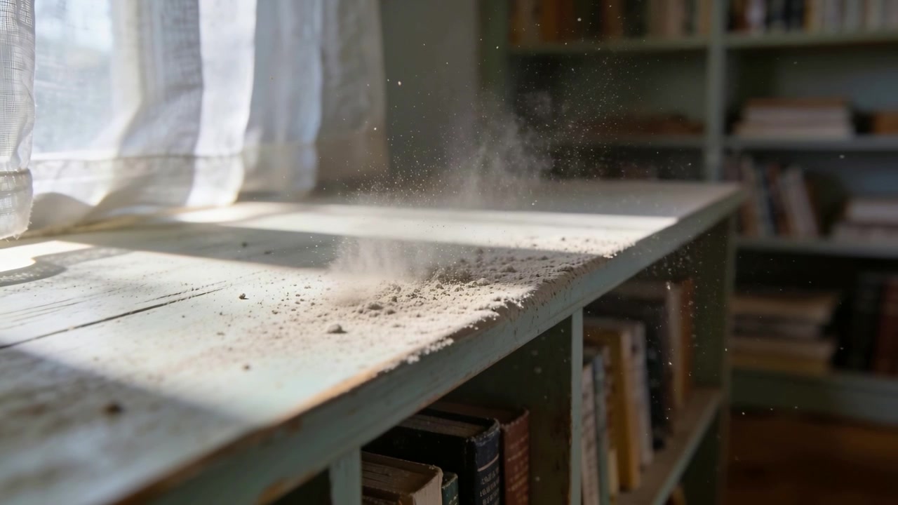 Curtain movement lifting loose dust pile on wooden shelf in sunlit study, scattering particles