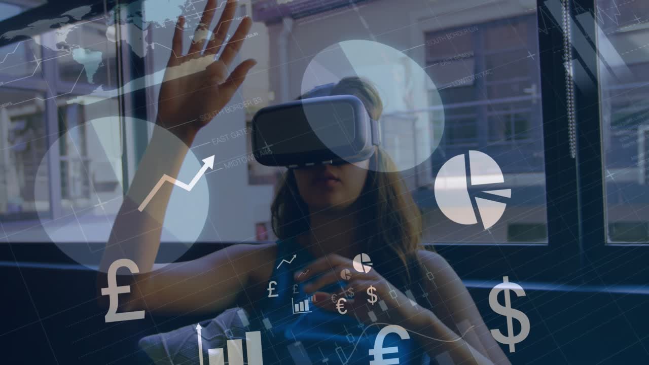 Animation af finansiel databehandling over kvinde med VR-headset