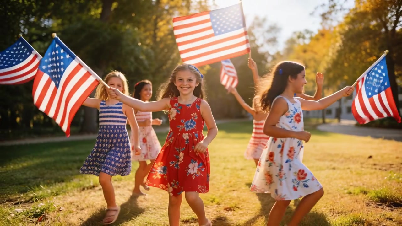 Moving camera closer, two in floral dresses leading group running at park, waving American flags