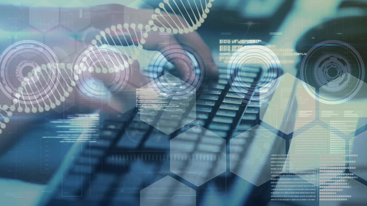 Animation of dna and scientific data processing over hands of caucasian man typing on keyboard