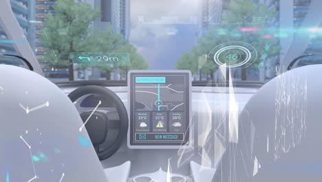 animación del procesamiento de datos en el tablero de instrumentos de un coche de conducción autónoma