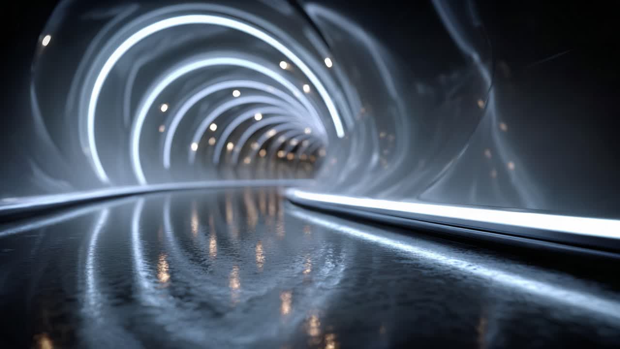 Stylish Tunnel Interior with Futuristic Lighting and Reflective Surface Showcased in a Series of Frames, Highlighting the Flowing Design and Soft Illumination Effects