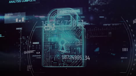 Animation of data processing over online security padlock on black background