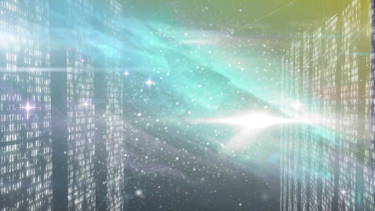 은하계에서 바 그래프 사이에 움직이는 디지털 전자 회로 보드 패턴의 애니메이션