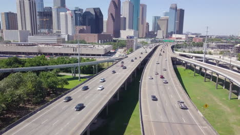 establishing drone shot of downtown houston from i10 and i45 intersection