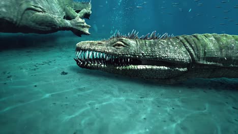 Nothosaurs-dinosaurs-monsters-with-sharp-teeth-at-sea-bottom,-close-up