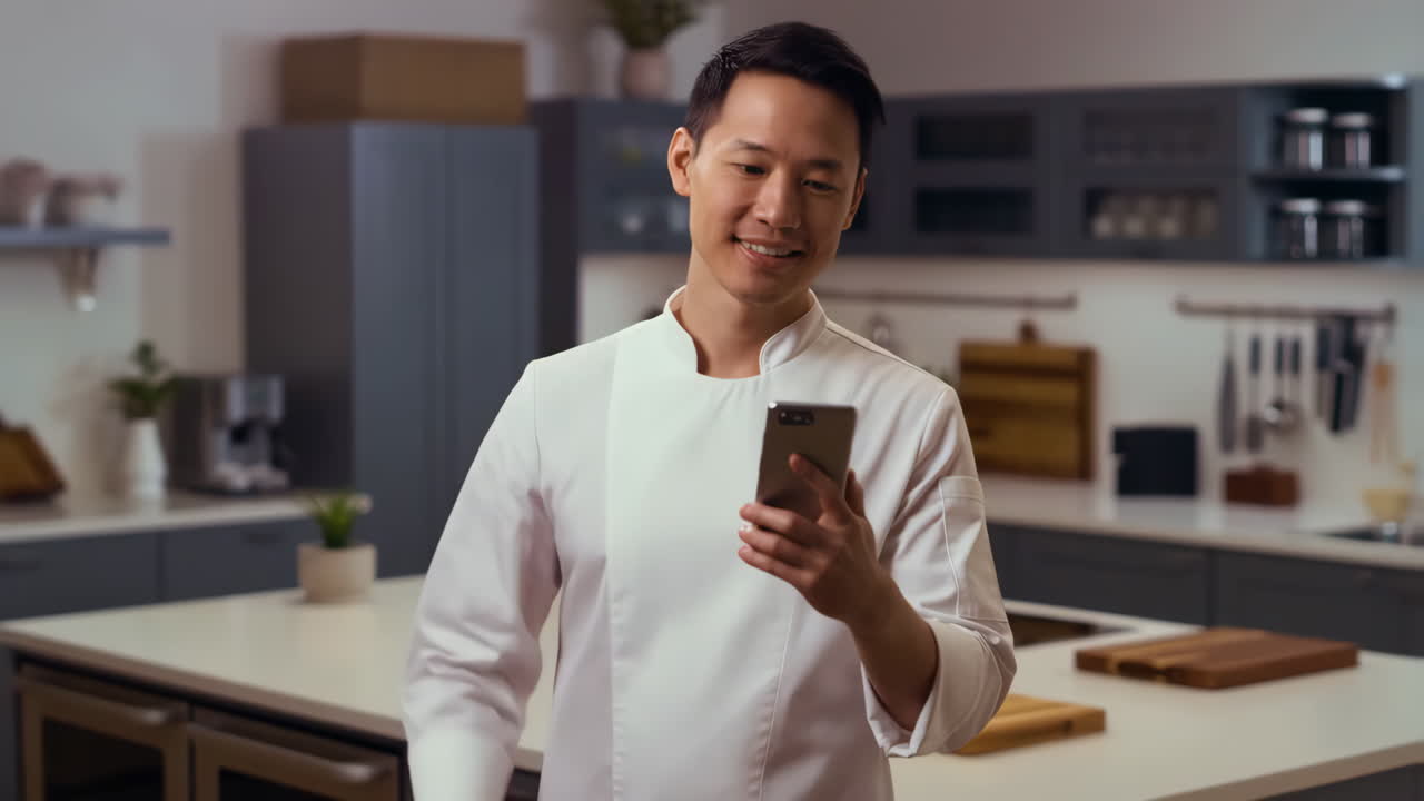 A smiling chef uses a smartphone in a modern kitchen