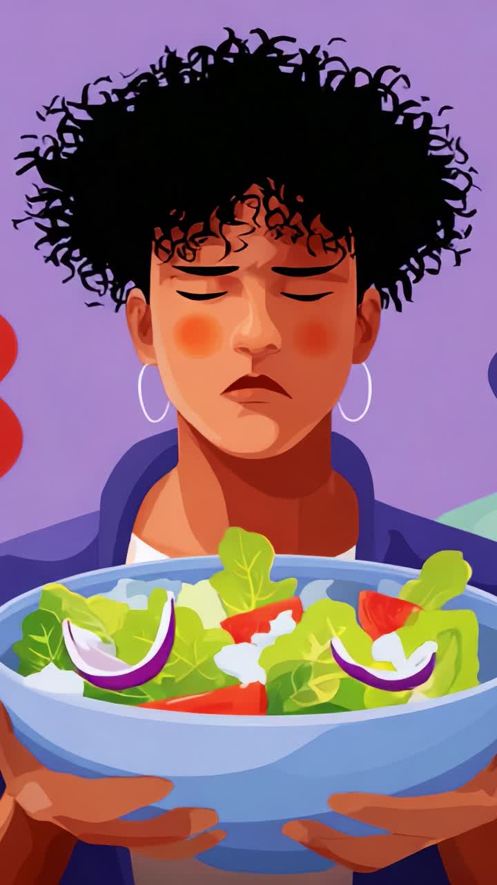 Una donna che tiene in mano un'insalata sembra indecisa tra scelte salutari e opzioni di fast food più gratificanti, sottolineando la difficoltà delle decisioni alimentari nella vita moderna