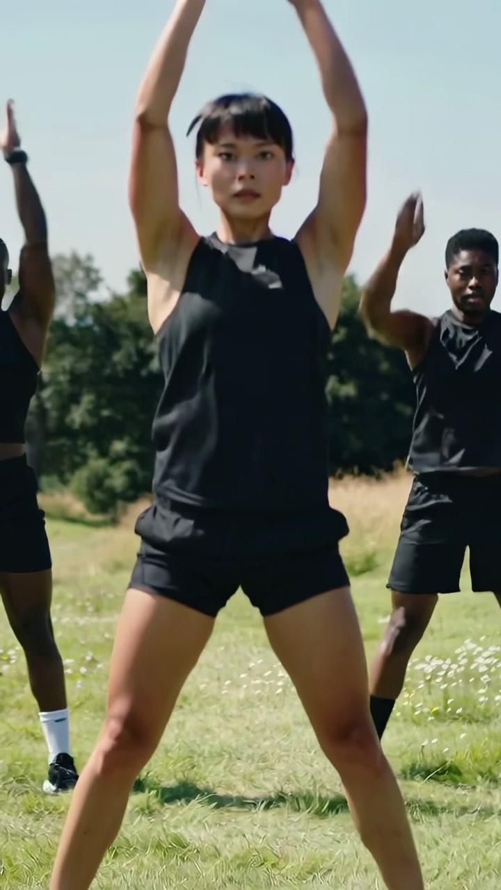 Central woman leading fitness group, practicing routine by raising arms in meadow, men mirroring