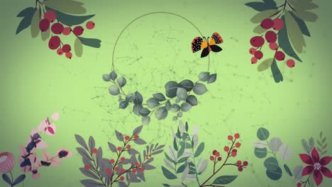 animation of flowers, berries, foliage and butterfly, over network of connections on green