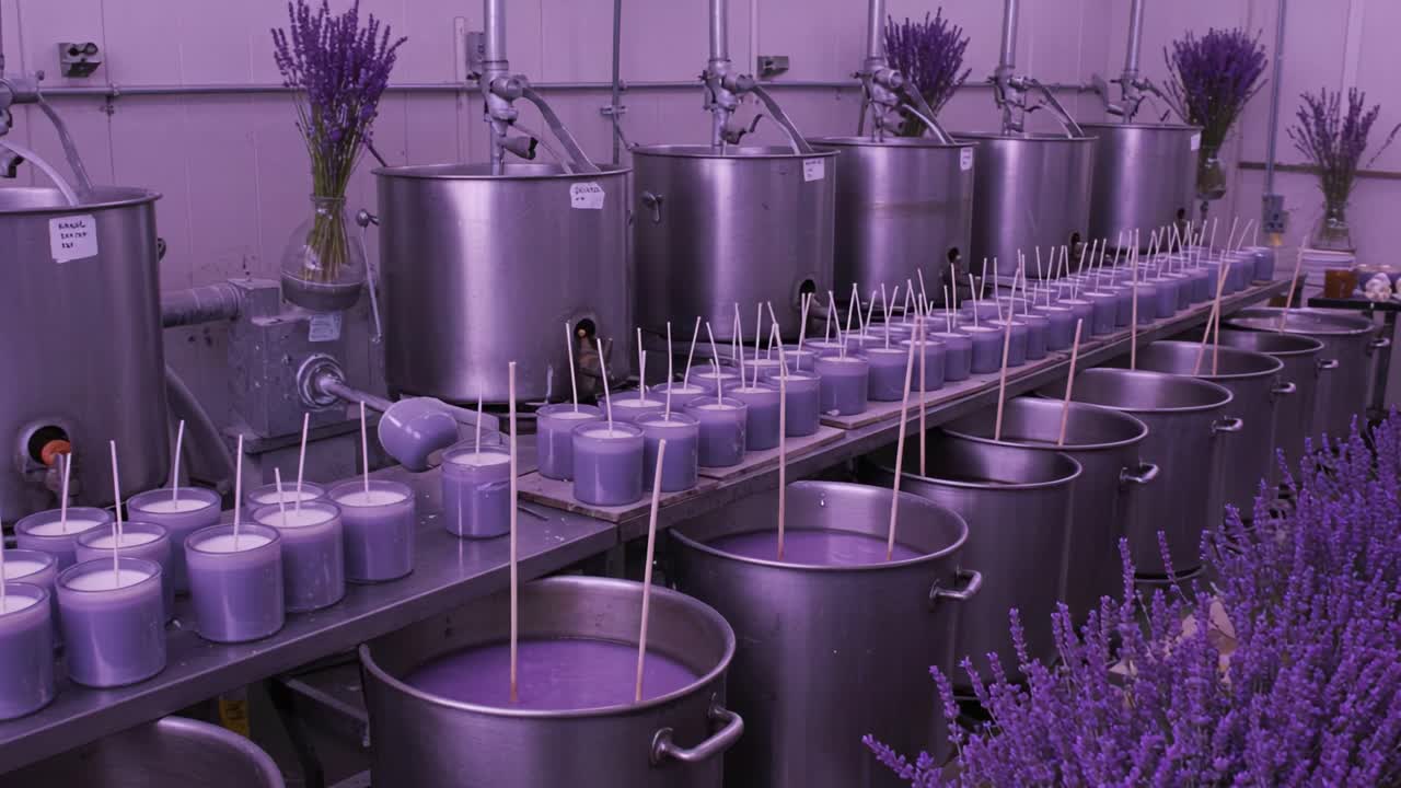A Serene Lavender Candle-Making Process: Journey from Melting Wax to Fragrant Candles in a Tranquil Workspace with Lavender Décor