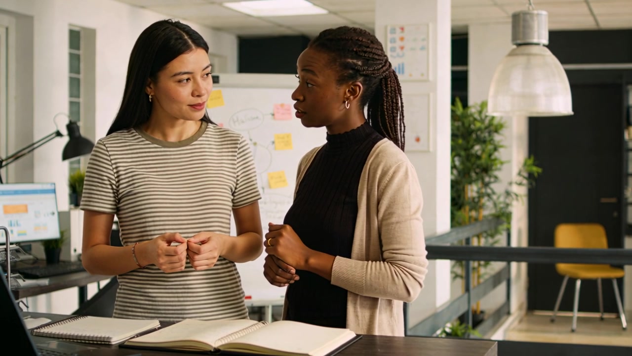Reviewing two women in office striped tee and cardi gesturing, checking pen, open notebook starting