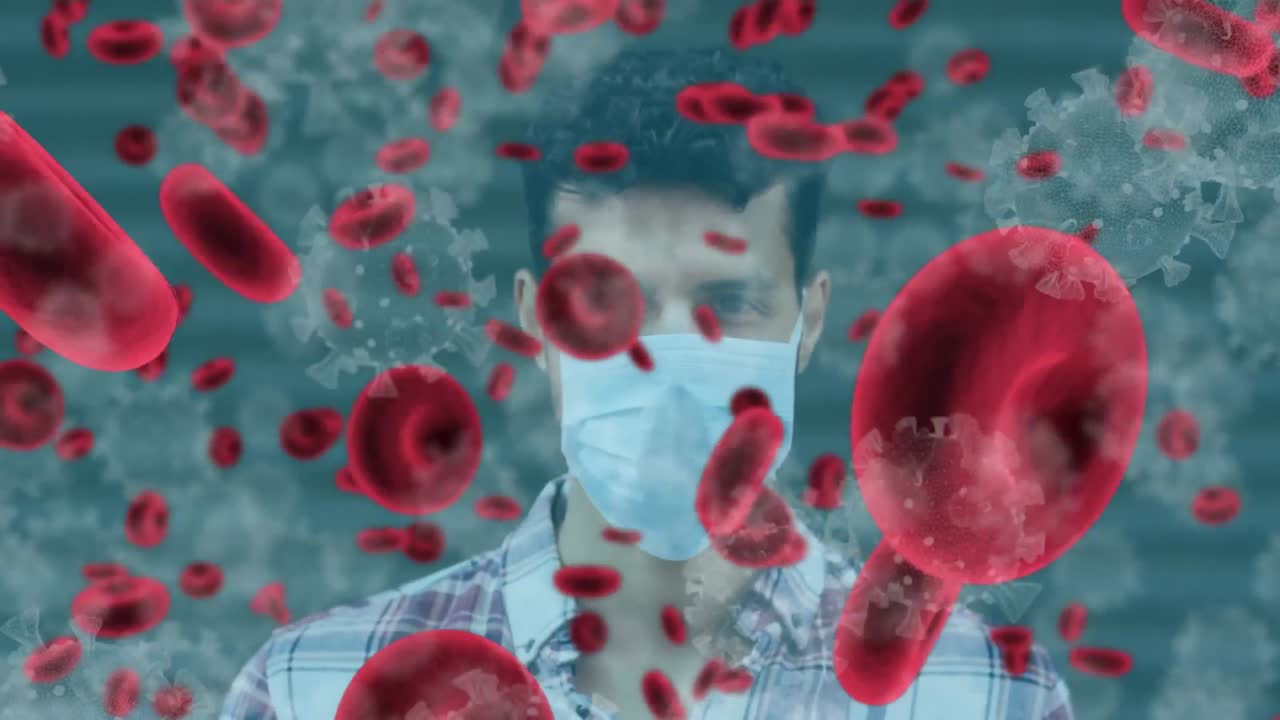 animación de células de coronavirus sobre un hombre que usa una máscara facial