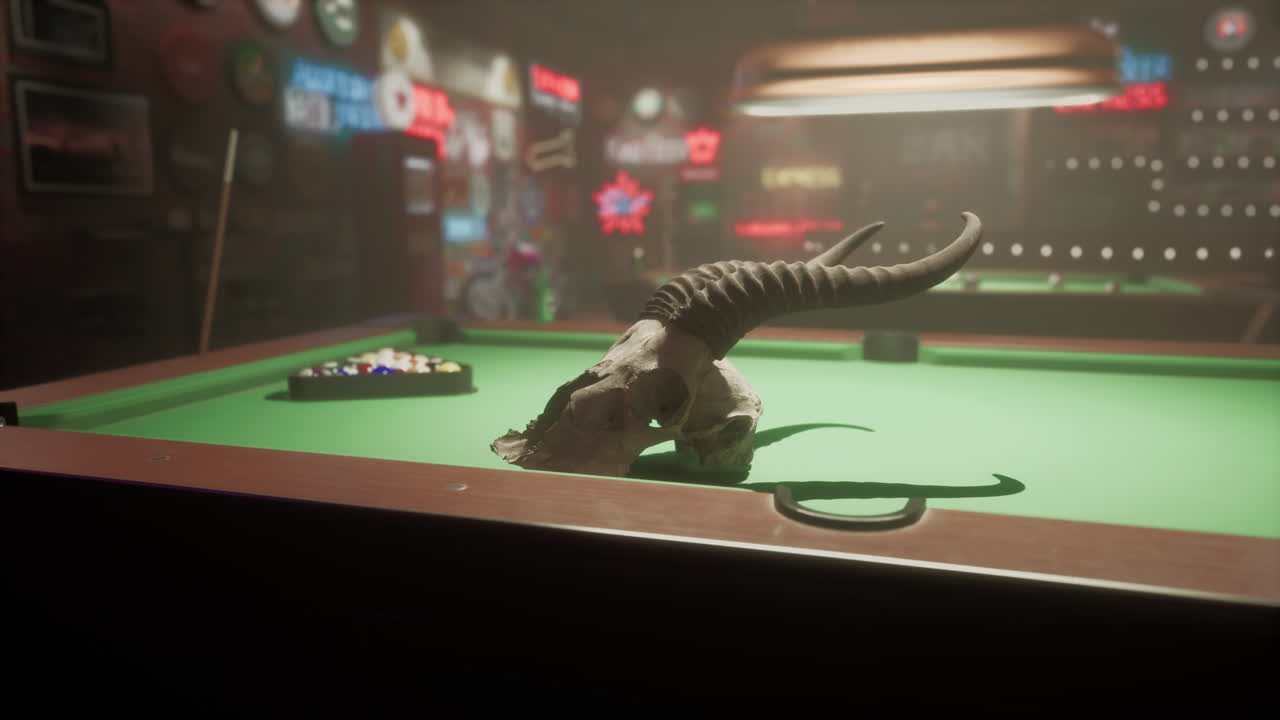 이 있는 두개골이 희미하게 밝은 술집의 빌리어드 테이블에 앉아 있다