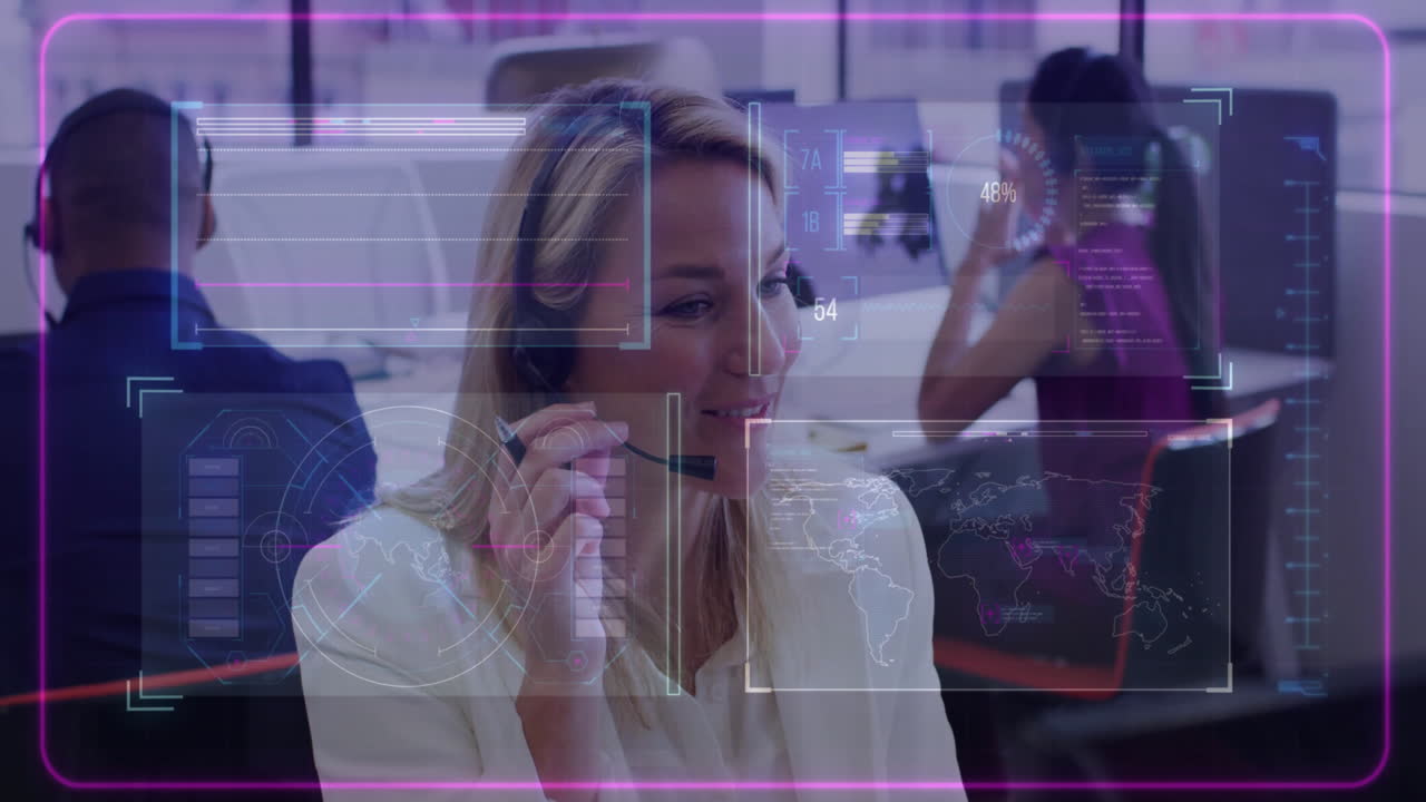 Using headset, businesswoman analyzing digital data animation in modern office