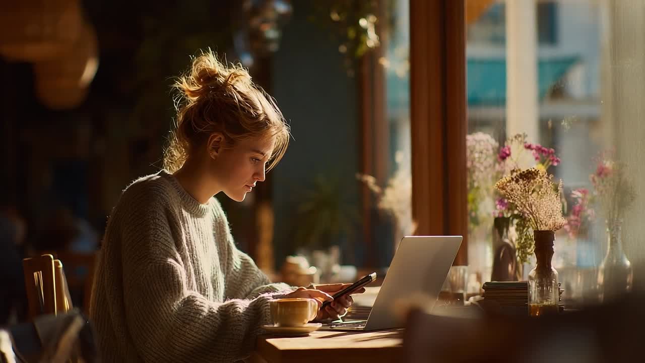 Giovane donna che lavora in un caffè con laptop e caffè, sotto la luce del sole.