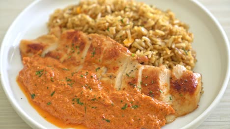grilled chicken steak with red curry sauce and rice - muslim food style