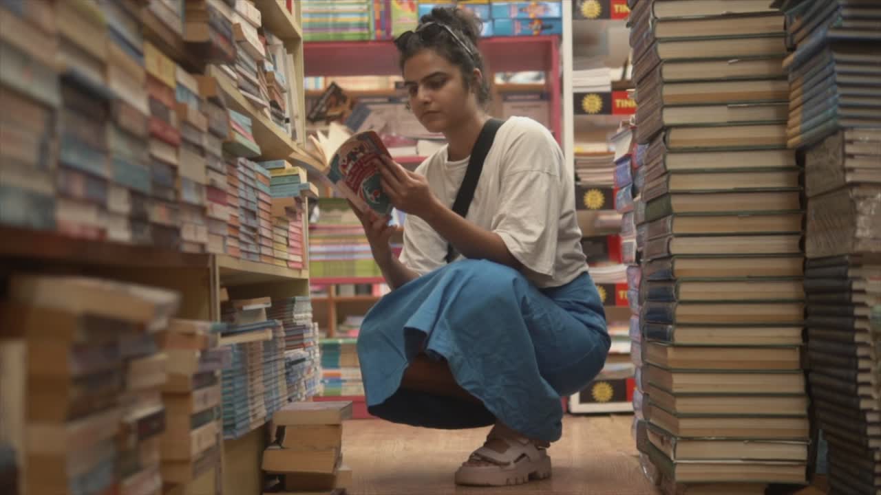 una toma en cámara lenta de una atractiva mujer asiática hojeando las páginas de un libro mientras está de cuclillas en la isla de una librería, india