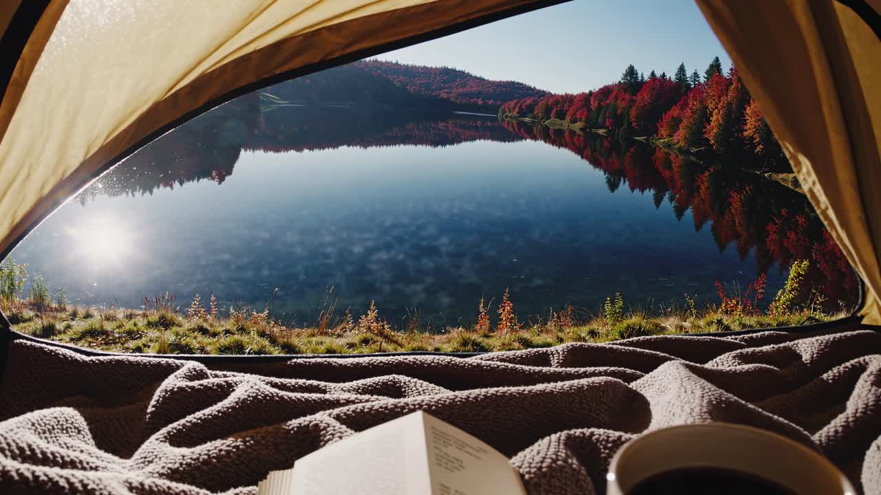 POV video from inside a tent, capturing a serene lakeside view with autumn trees