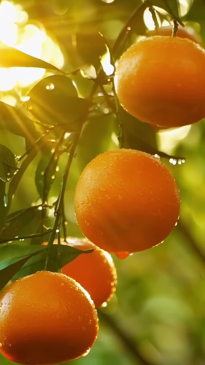 Video ravvicinato di arance bagnate di rugiada su un albero, ripreso all'alba con una ripresa dal basso.