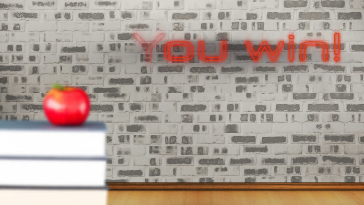 당신은 승리합니다! 방의 벽돌 벽에 빨간 네온으로