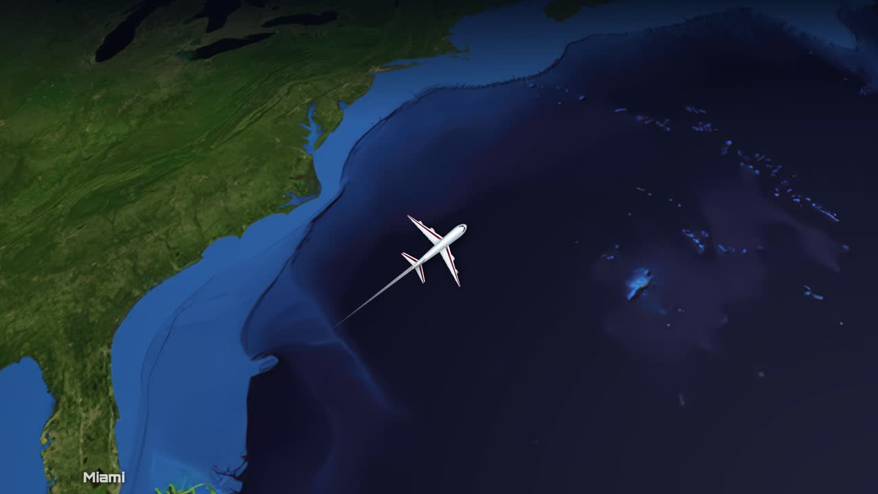 Satellite view animation follows a commercial airplane flying across the Atlantic Ocean to London