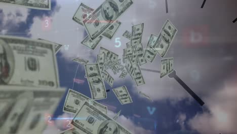 animation of data processing over clouds and banknotes