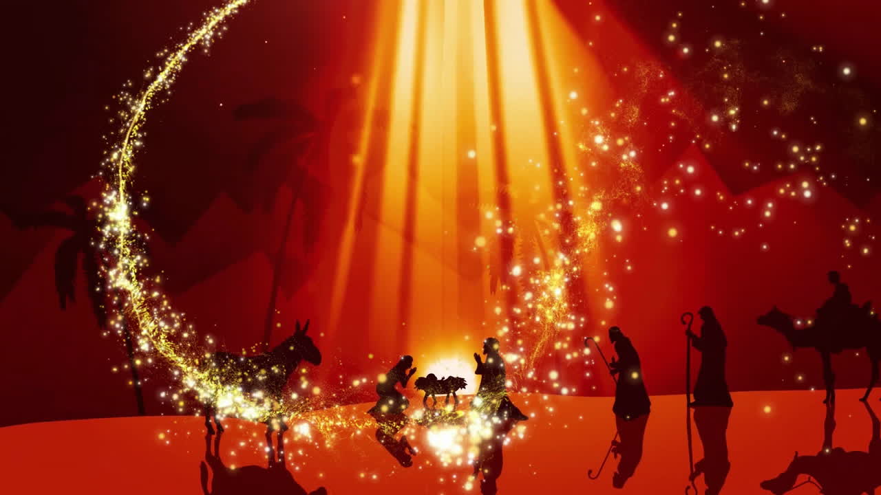 겨울 풍경 배경에서 크리스마스 성탄 장면 위에 떨어지는 별의 애니메이션