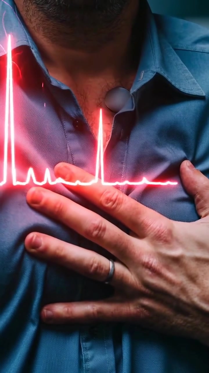 Man Holding Chest with Animated Heartbeat EKG Monitor Overlay