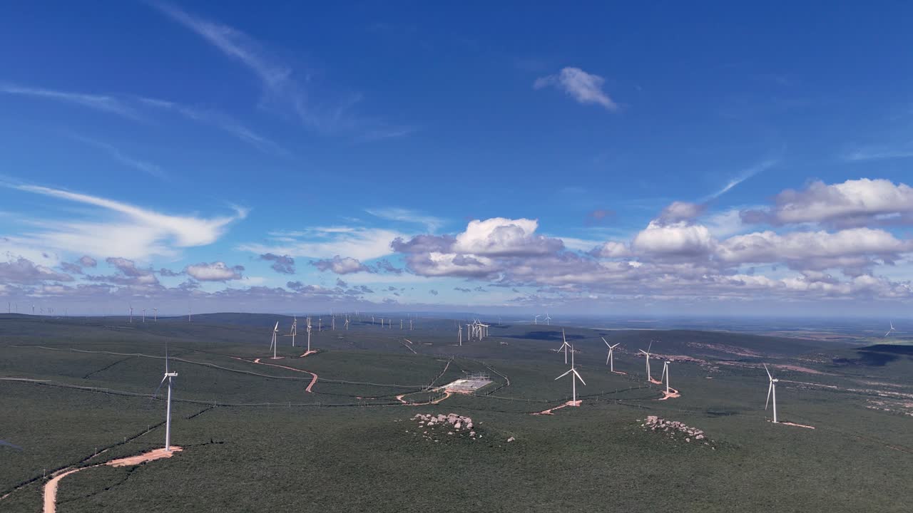 Drone video of wind turbines at the Morro do Chapéu Wind Farm, Brazil