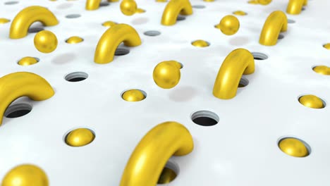 abstract gold background 3d shapes balls flying in holes. 4k animation looping footage.