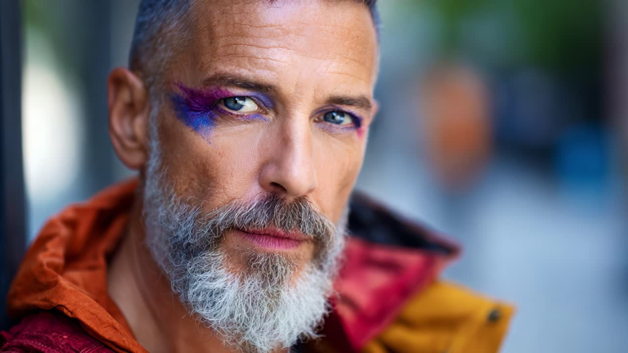 Splendido ritratto di un uomo con trucco occhi colorato e capelli alla moda, immortalato in ambiente urbano, che mette in mostra sicurezza e stile unico nel campo della moda
