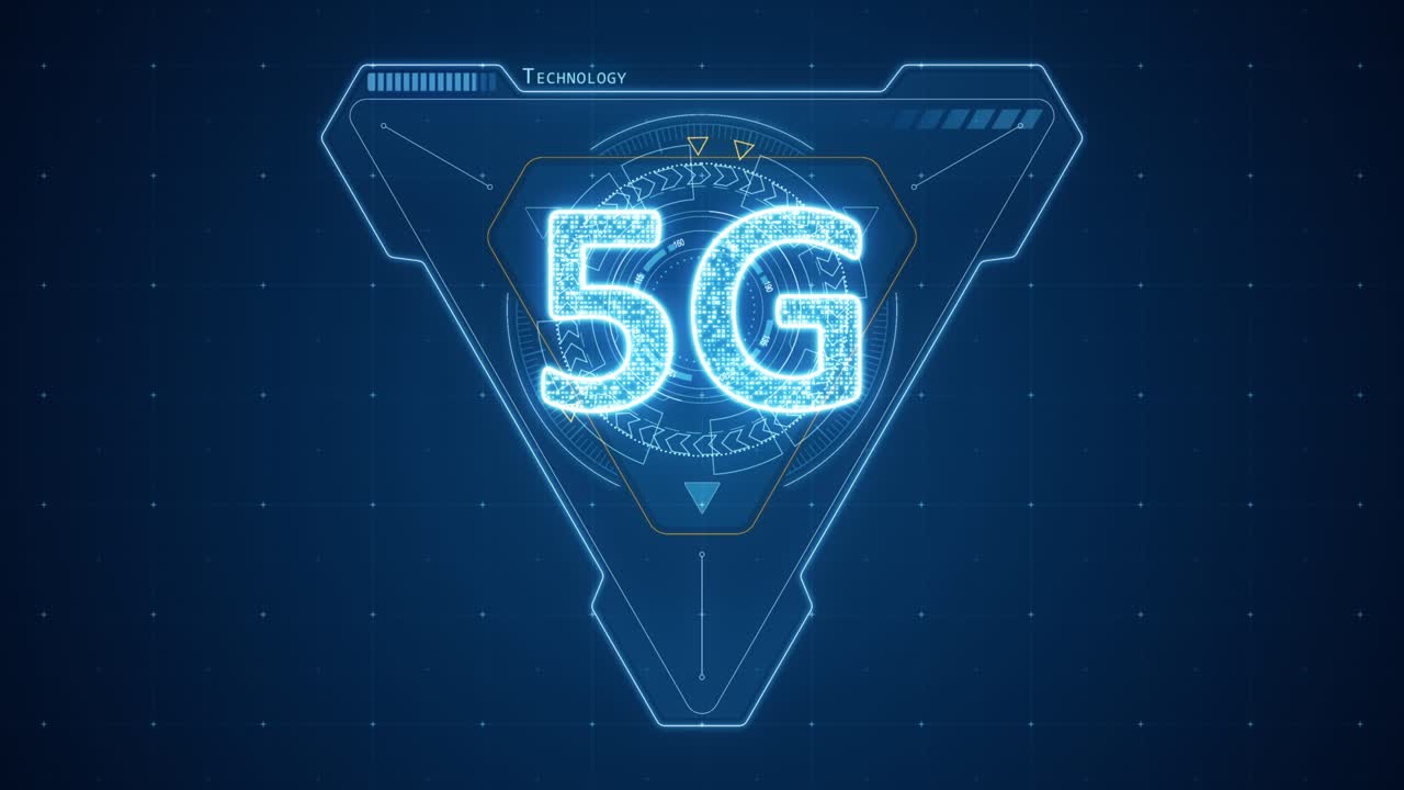 motion graphic di triangolo blu e 5g con interfaccia tecnologica di rotazione del cerchio hud e elementi futuristici sfondo astratto