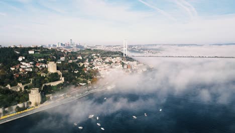 amazing view of istanbul two continent in foggy day from drone shot