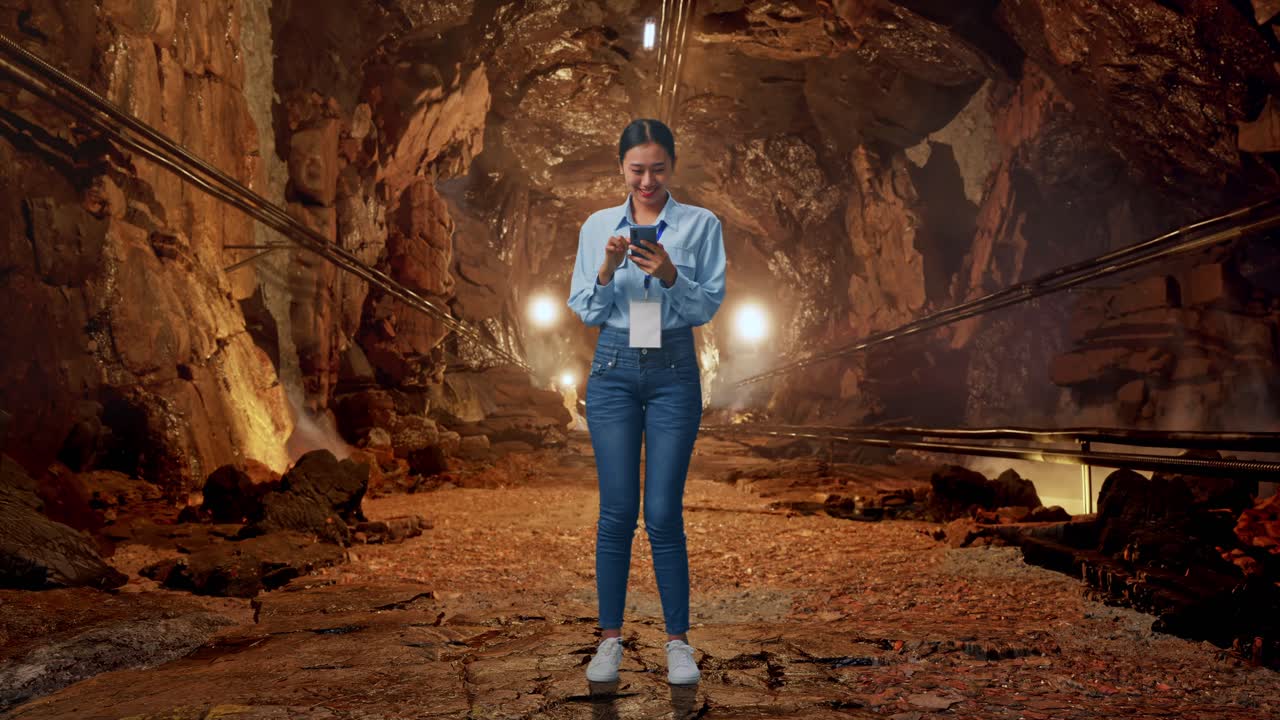 Full Body Of Asian Female With Her Smarphone In Underground Mine Tunnel, Working Continuously