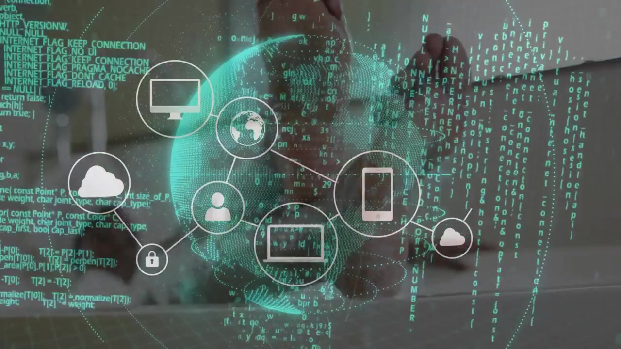 Woman raising feet on sofa and projecting 3D globe streaming code and forming cloud security icons
