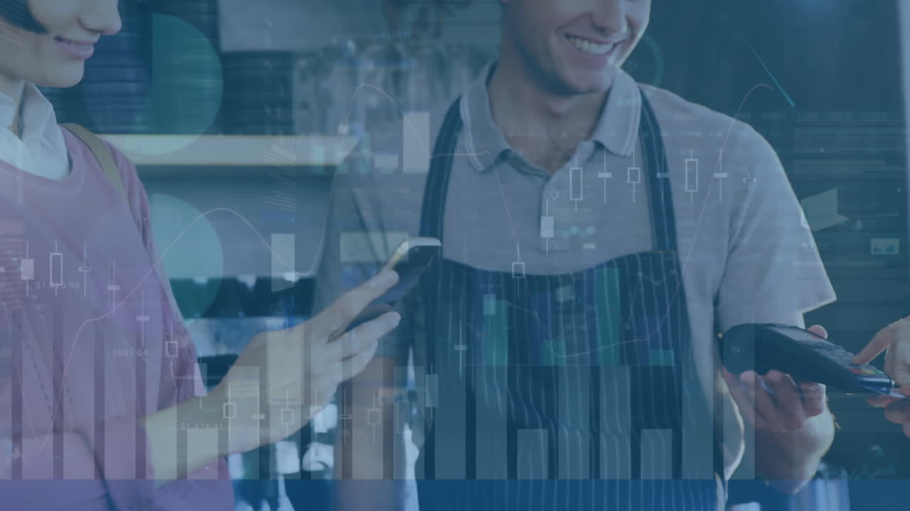 animación de gráficos, amigas caucásicas pagando la factura al barista masculino y usando el teléfono en los cafés