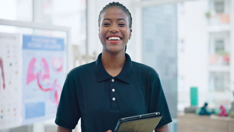 physiotherapist, face or happy woman with tablet