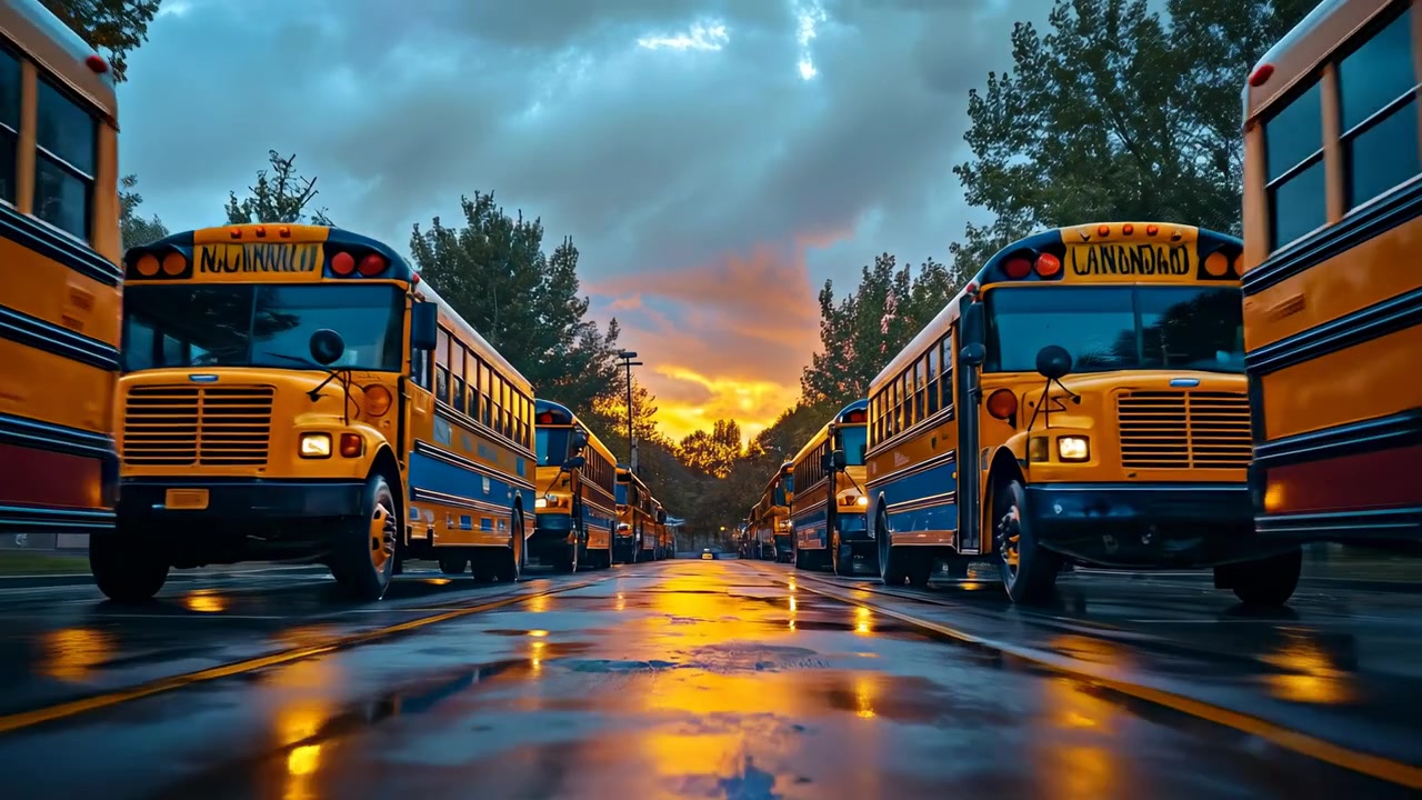 Rows of yellow school buses parked on wet street. Symmetrical view of yellow american school buses parked on wet asphalt reflecting a dramatic sunset sky with clouds.