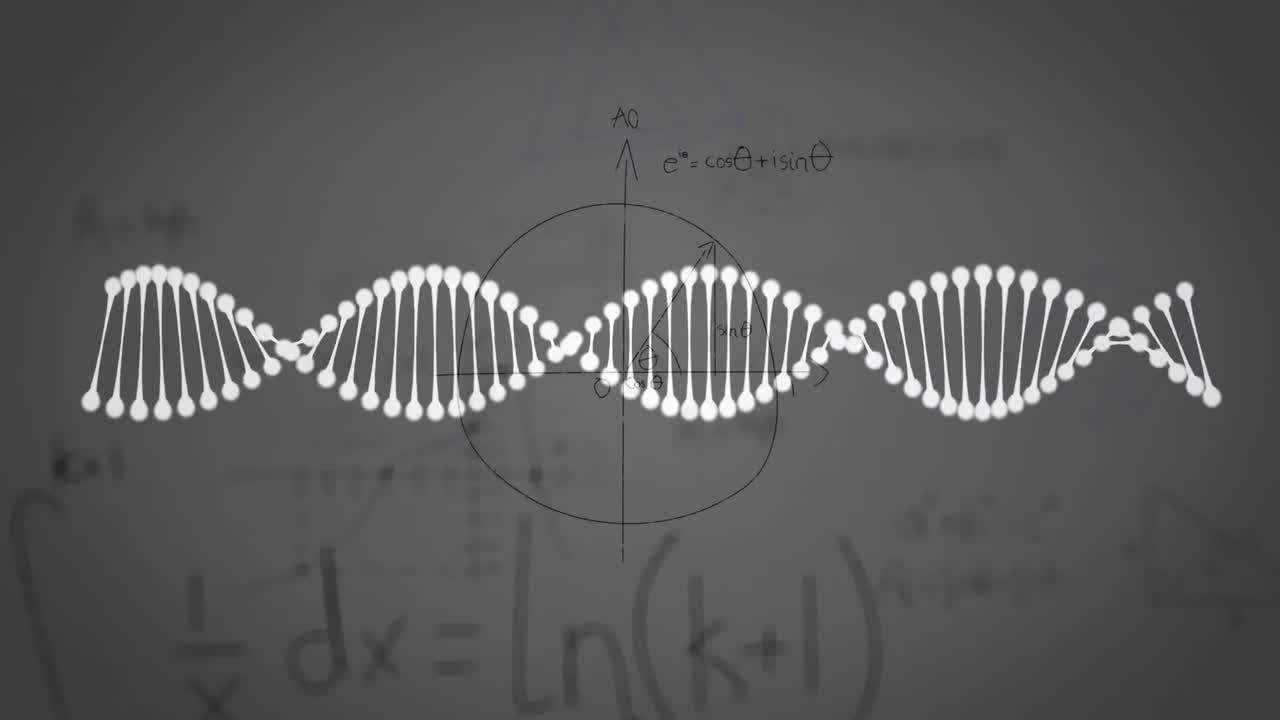 animación de la cadena de adn y procesamiento de datos médicos en fondo gris