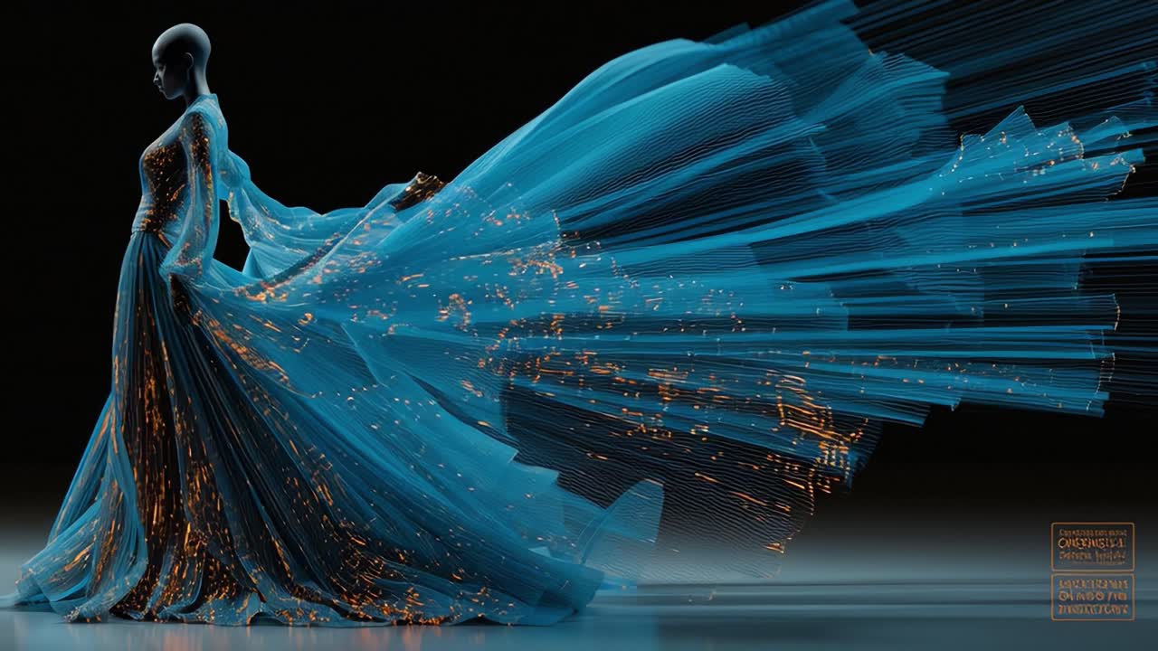 A Stunning Display of Digital Fashion: A Dancer in an Ethereal Blue Dress, Flowing with Light Trails and Dynamic Movement, Showcasing the Fusion of Art and Technology in Couture Design