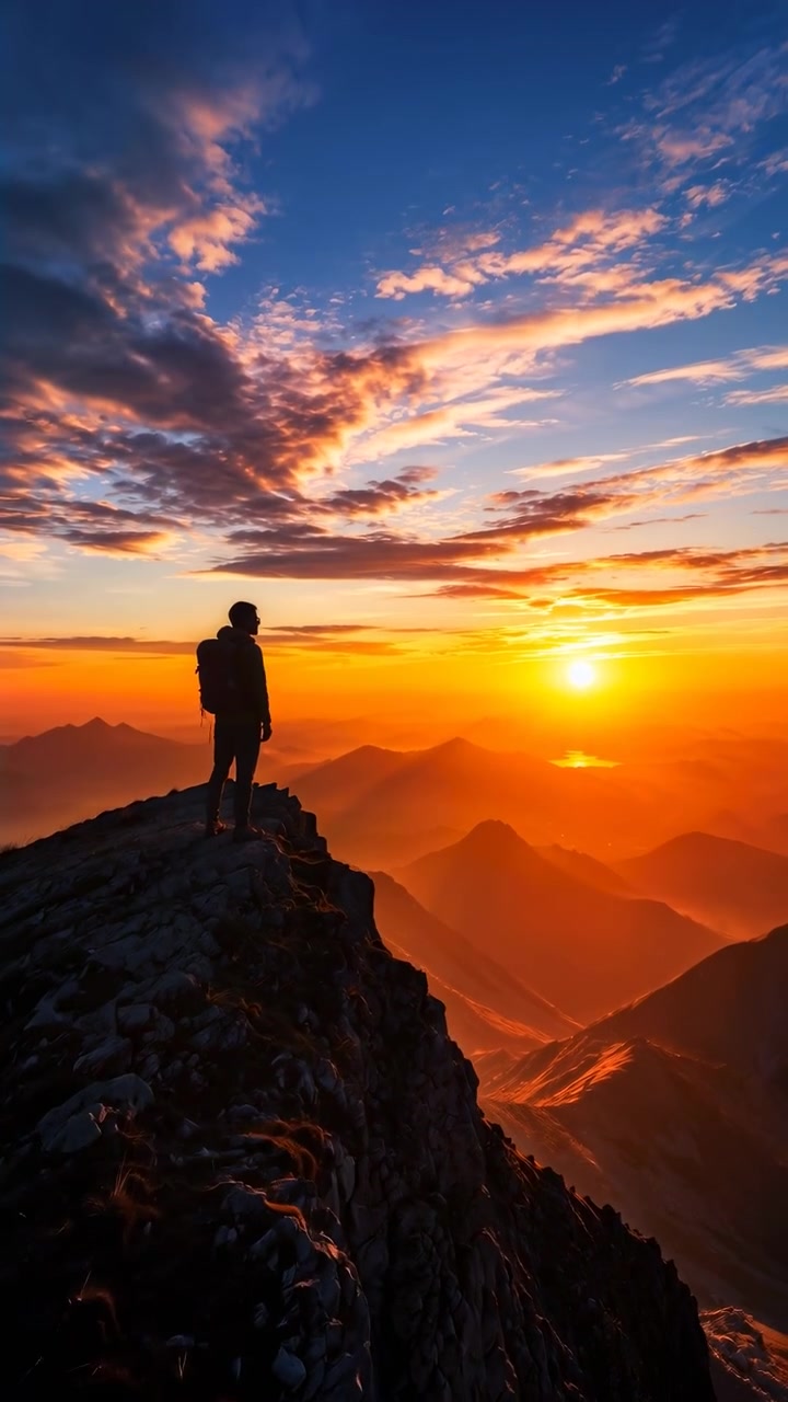 Silhouette di escursionista su montagna all'alba, avventuriero solitario si ferma in cima a una vetta frastagliata mentre l'alba dorata inonda