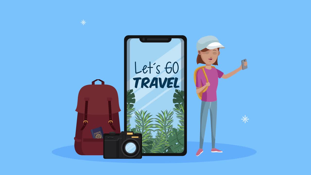 давайте пойдем путешествовать надпись в смартфоне с женщиной-туристом